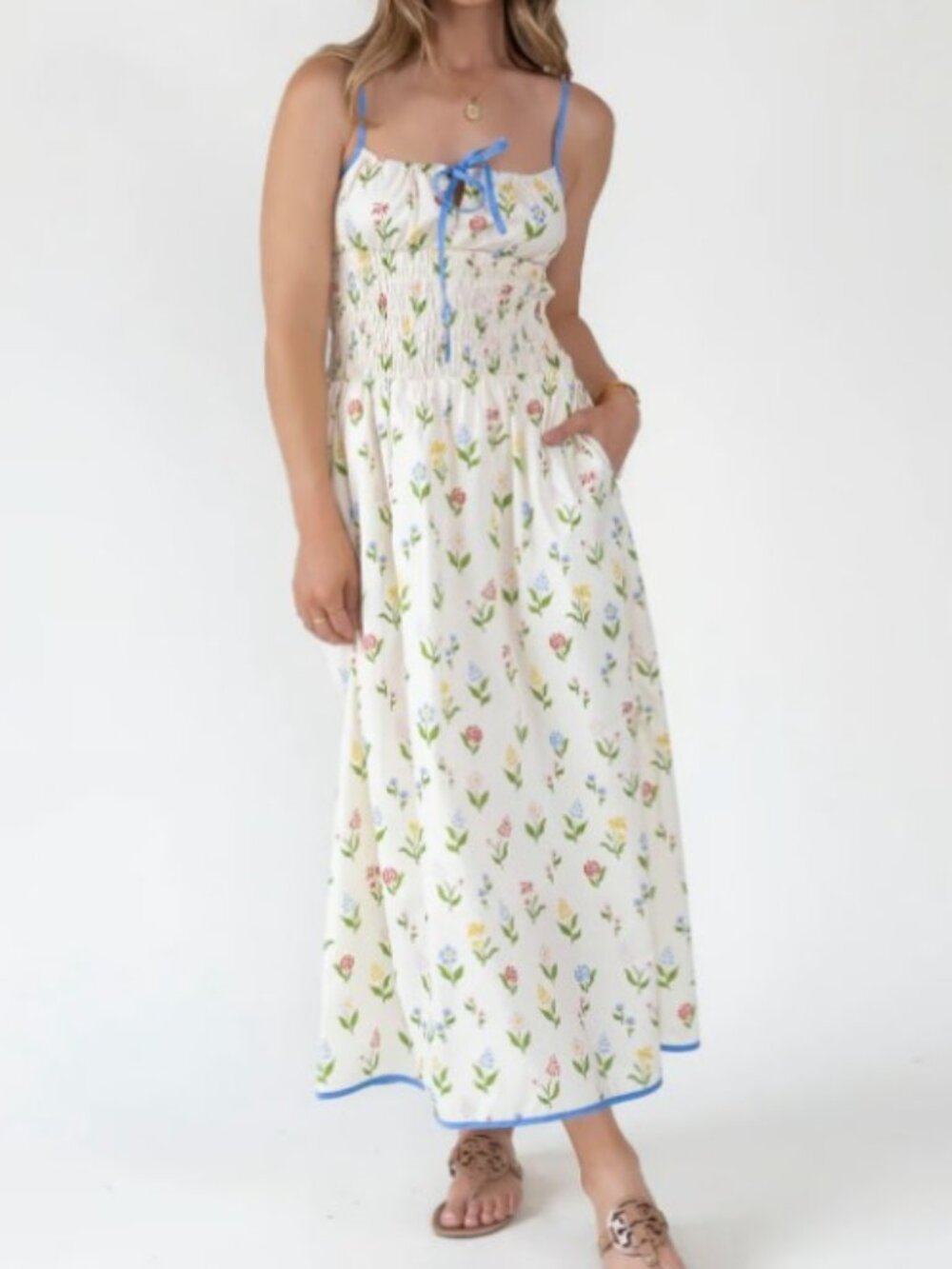 NWOT AUREUM Floral Smock Maxi 100% Cotton Dress Ribbon Ties Size Large